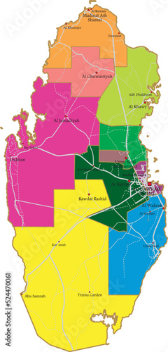 Vector administrative color map of the state of Qatar. Territory with borders of regions and large cities fnd roads. Islamic eastern country.