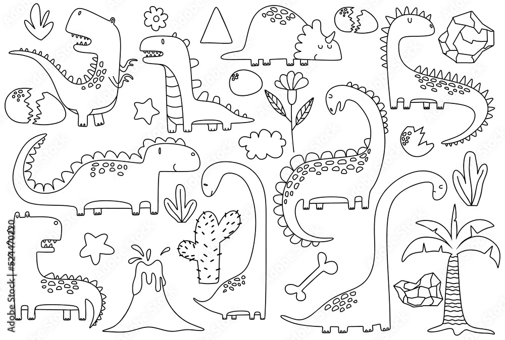 Fototapeta premium doodle of Cute dinosaurs and tropic plants. Funny cartoon dino set. Hand drawn vector doodle set for kids