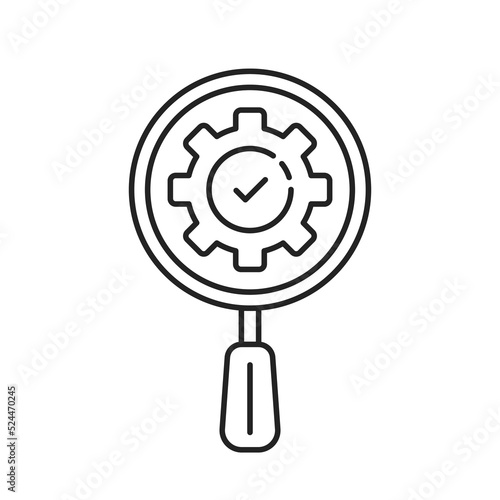 linear gear with magnifying glass like identify icon