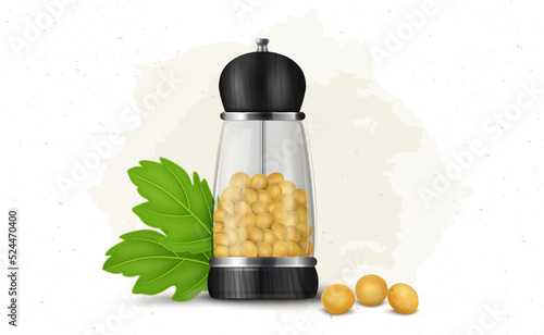 Yellow Mustard seeds in grinder crusher bottle vector illustration with green leaves
