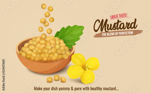 A Wooden Bowl full of mustard seed and mustard seed flower vector illustration
