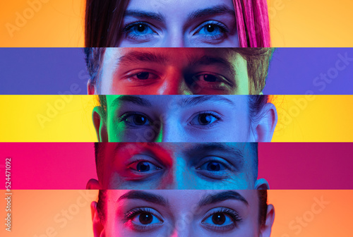 Collage of close-up male and female eyes isolated on colored neon backgorund. Multicolored stripes. Concept of equality, vision, emotions