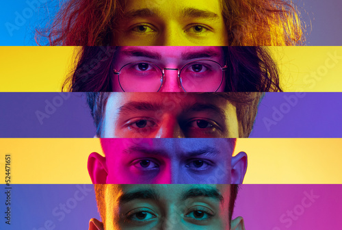 Collage of close-up male and female eyes isolated on colored neon backgorund. Multicolored stripes. Concept of equality, vision, emotions photo