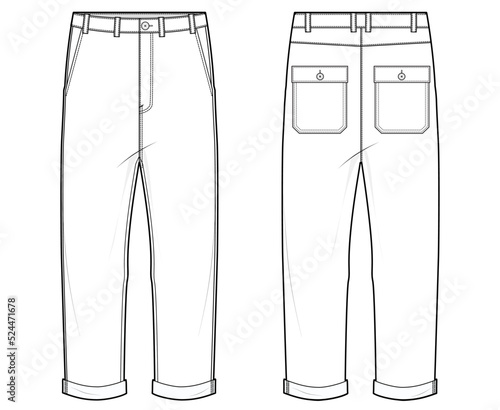 chino pant flat sketch mens rolled hem chino pant technical drawing vector illustration. front and back view template cad mockup.