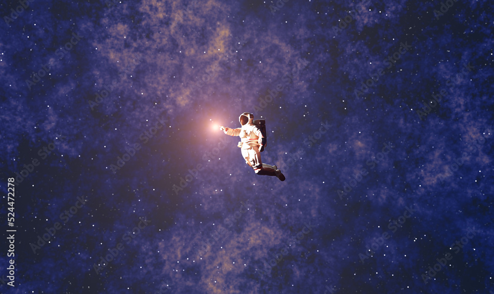 Astronaut spacewalk in space and touching orb of light. Astronaut spacewalk in space and touching orb of light.