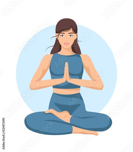 Yoga young woman, card concept. Beautiful girl in a blue suit doing yoga. Healthy lifestyle. Poster. Template. Vector illustration isolated on a white background.