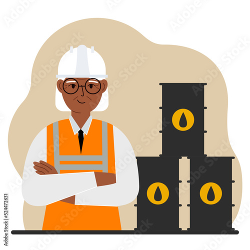 Oil barrels and a smiling old oilwoman. Oil industry and worker or engineer in special clothes and helmet.