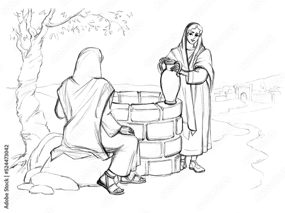 Christ and the Samaritan Woman at the Well. Pencil drawing Stock