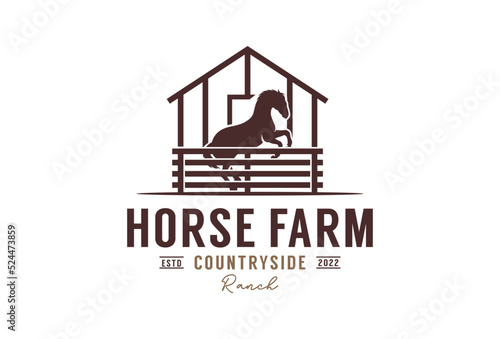 Horse silhouette behind wooden fence paddock for vintage retro rustic countryside western country farm ranch logo design