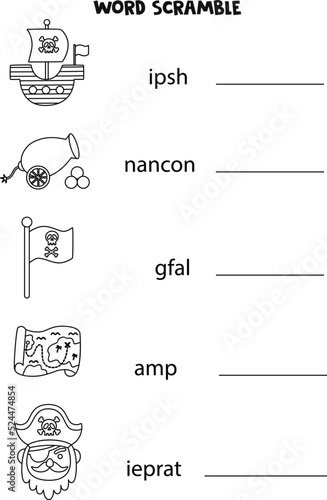 Puzzle for kids. Word scramble for children. Black and white puzzle.