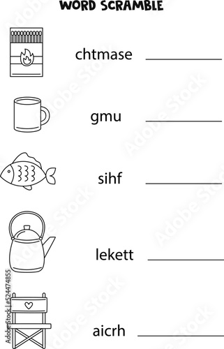 Puzzle for kids. Word scramble for children. Black and white puzzle.