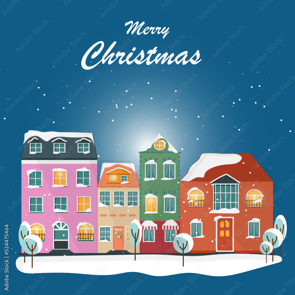 Winter night city. Christmas background with houses, cozy town in a flat style with lettering merry Christmas.