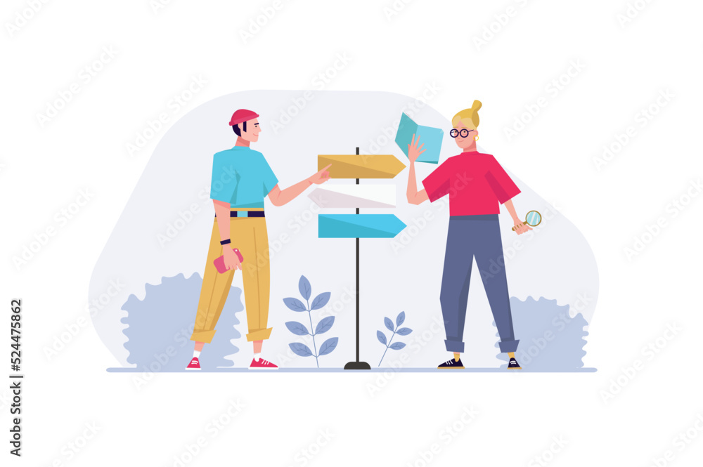 Concept Searching opportunities with people scene in the flat cartoon design. Young couple is looking for opportunities to implement their plans. Vector illustration.