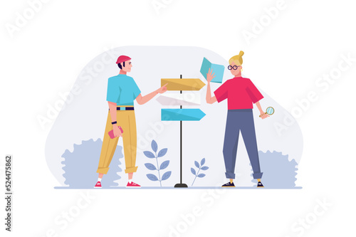 Concept Searching opportunities with people scene in the flat cartoon design. Young couple is looking for opportunities to implement their plans. Vector illustration.