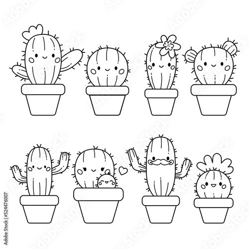 Cute kawaii set of cactus in flowerpots. Coloring page. Hand drawn doodle plants. Cartoon cactus for coloring book. Vector illustration.