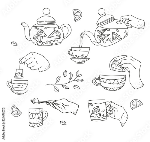 Set hand holding cup of tea spoon with sugar teapot lemon Vector illustration doodle style