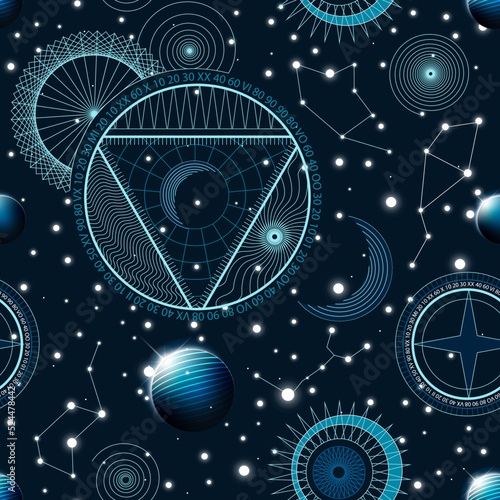 Seamless repeat vector pattern. Nightsky in space. Fantasy astronomy.