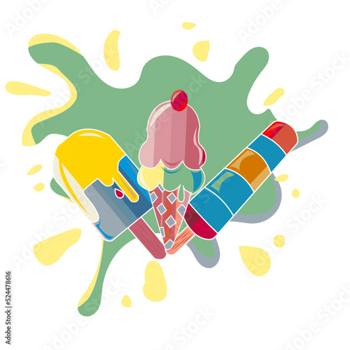 Vector set of cyber yellow, dark sea green, blue green , shimmering blush , cadet grey color ice candy, cone ice cream and milk ice candy with ice cream splash on background. textile design, wallpaper