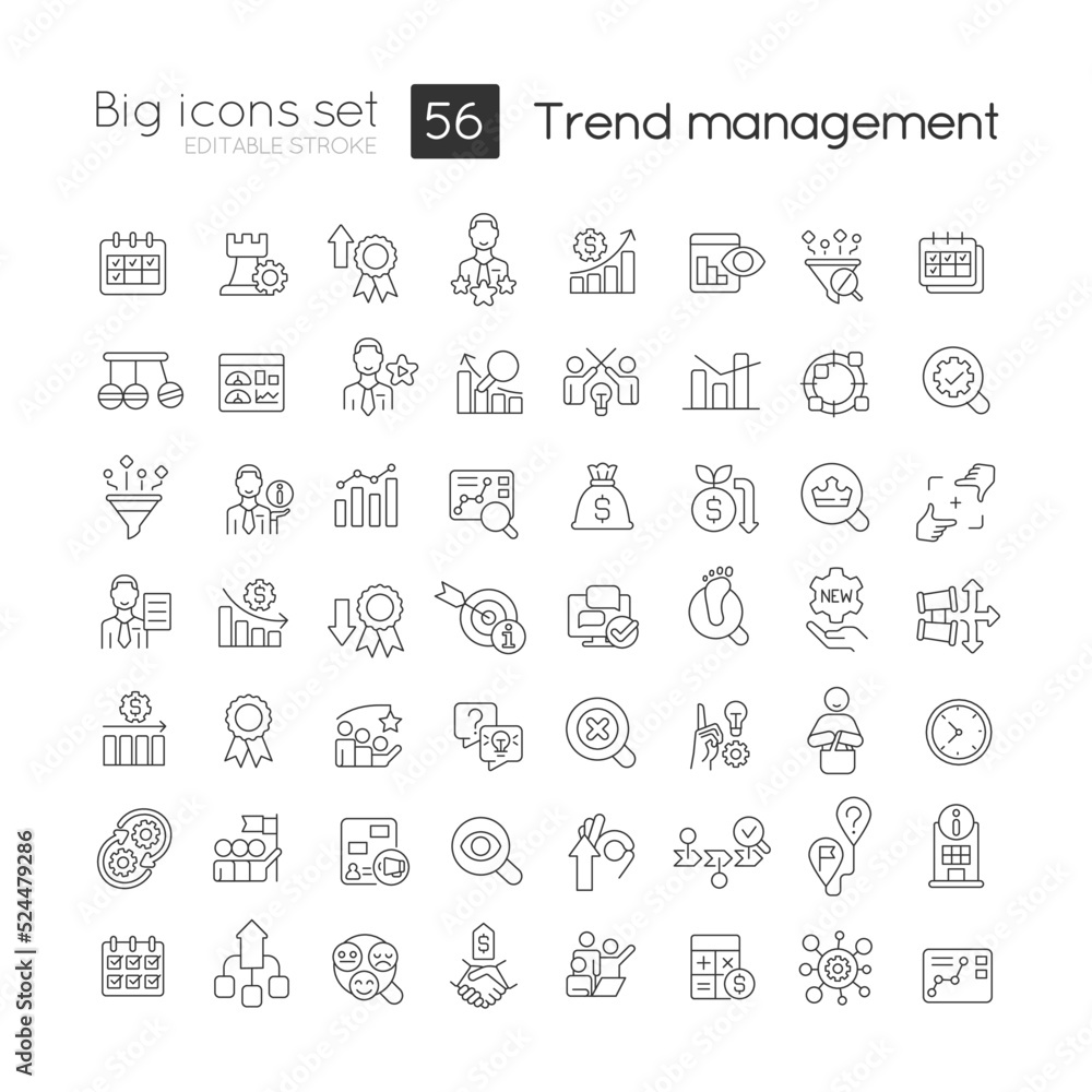 Trend management linear icons set. Stock market analytics. Trading strategy. Customizable thin line symbols. Isolated vector outline illustrations. Editable stroke. Quicksand-Light font used