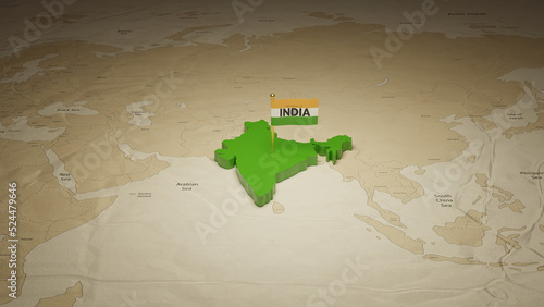 3d rendering independence day of India national flag flying on country map on world