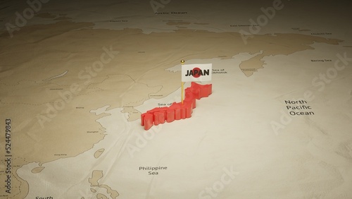 3d rendering independence day of Japan national flag flying on country map on world