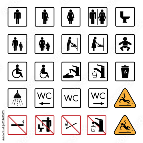 Toilet Room Silhouette Icon. Set of WC Sign. Bathroom, Restroom Pictogram. Public Washroom for Disabled, Male, Female, Transgender. Mother and Baby Room. No smoking, No fire, Drinking water, Warning W