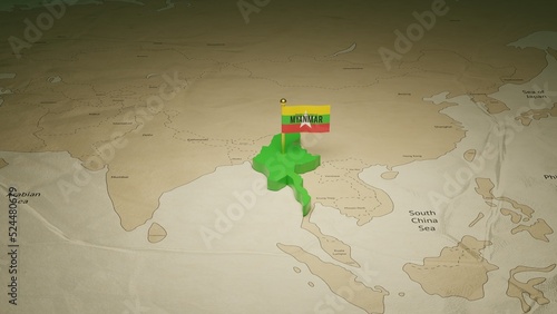 3d rendering independence day of Myanmar national flag flying on country map on world