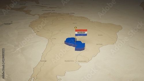 3d rendering independence day of Paraguay national flag flying on country map on world