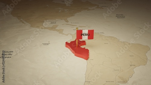3d rendering independence day of Peru national flag flying on country map on world