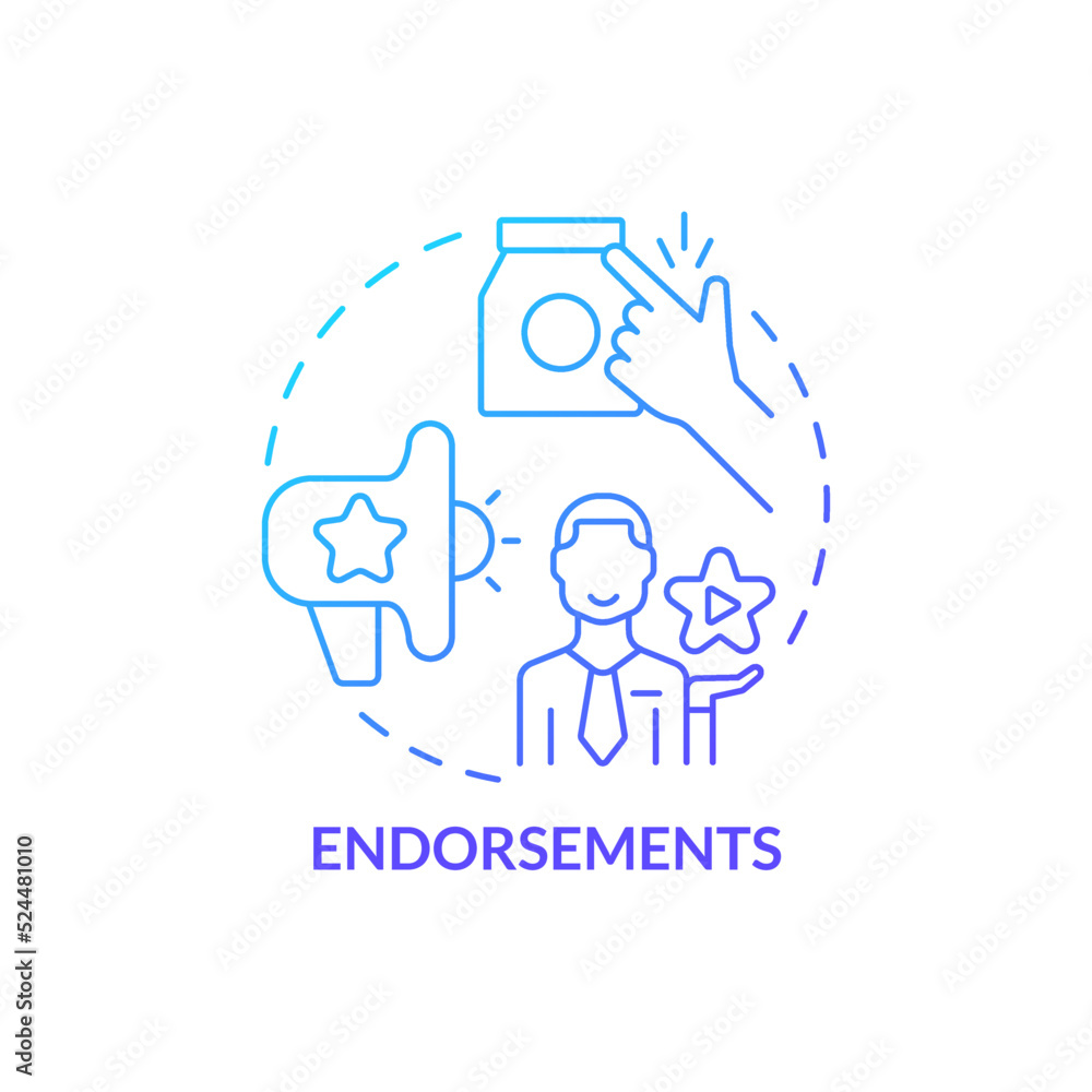 Endorsements blue gradient concept icon. Advertisement campaign element abstract idea thin line illustration. Advertising technique. Isolated outline drawing. Myriad Pro-Bold font used