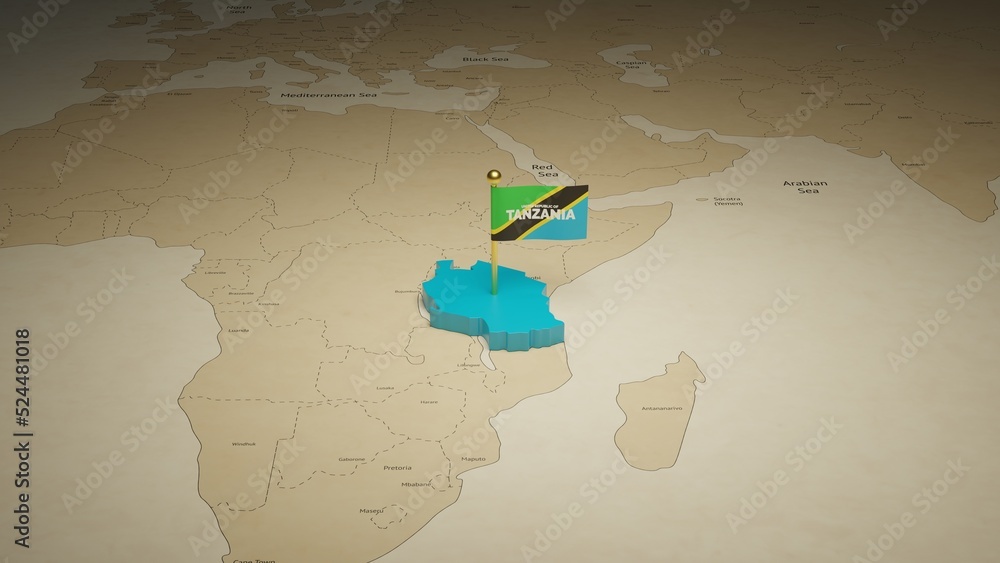 3d rendering independence day of Tanzania national flag flying on country map on world - obrazy, fototapety, plakaty 