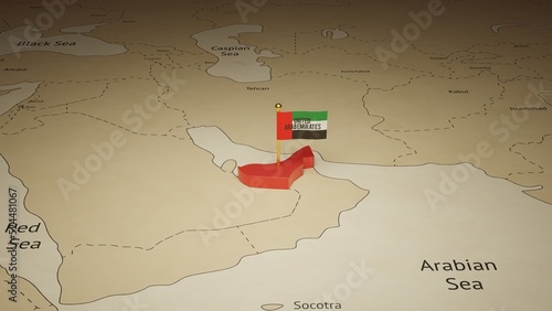 3d illustration independence day of United Arab Emirates National flag flying on country map on world