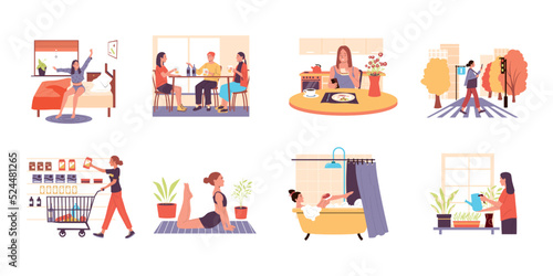 Woman everyday life. Cartoon girl daily routine scenes, female person shopping, have lunch, spending time with friends, relaxing and doing yoga. Vector isolated set