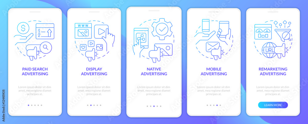 Types of online advertising blue gradient onboarding mobile app screen. Walkthrough 5 steps graphic instructions with linear concepts. UI, UX, GUI template. Myriad Pro-Bold, Regular fonts used