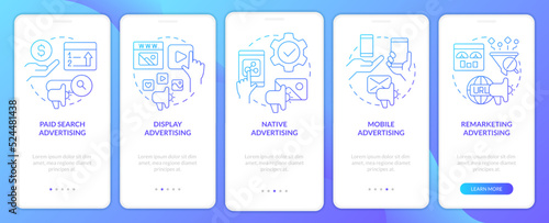 Types of online advertising blue gradient onboarding mobile app screen. Walkthrough 5 steps graphic instructions with linear concepts. UI, UX, GUI template. Myriad Pro-Bold, Regular fonts used