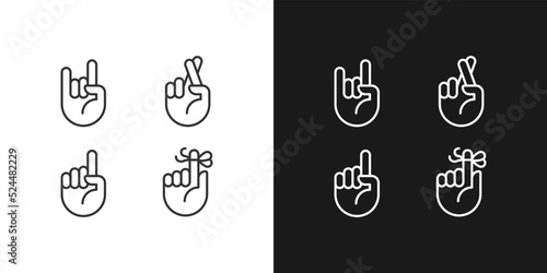 Informative hand gestures pixel perfect white linear icon for dark themes set for dark, light mode. Non verbal message. Thin line symbols for night, day theme. Isolated illustrations. Editable stroke