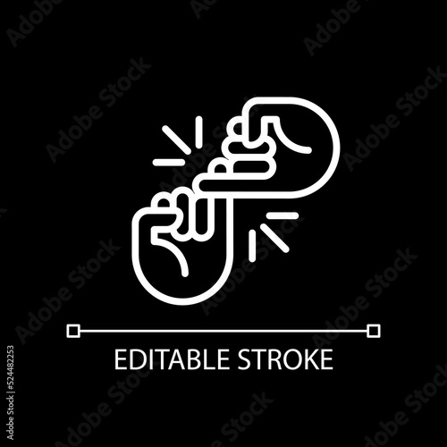 Pinky promise pixel perfect white linear icon for dark theme. Hands hooking little fingers. Friendship gesture. Thin line illustration. Isolated symbol for night mode. Editable stroke. Arial font used
