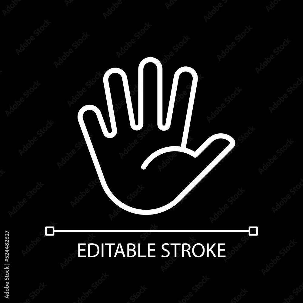 Hand with splayed fingers pixel perfect white linear icon for dark theme. Communication. Body language. Thin line illustration. Isolated symbol for night mode. Editable stroke. Arial font used Hand with splayed fingers pixel perfect white linear icon for dark theme. Communication. Body language. Thin line illustration. Isolated symbol for night mode. Editable stroke. Arial font used