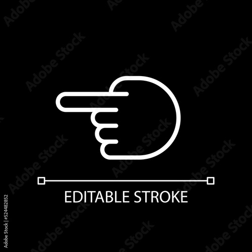Hand pointing aside pixel perfect white linear icon for dark theme. Finger showing direction. Hand gesture. Thin line illustration. Isolated symbol for night mode. Editable stroke. Arial font used