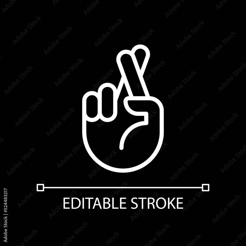 Crossed fingers pixel perfect white linear icon for dark theme. Wishing and hope. Hand gesture. Superstitions. Thin line illustration. Isolated symbol for night mode. Editable stroke. Arial font used Crossed fingers pixel perfect white linear icon for dark theme. Wishing and hope. Hand gesture. Superstitions. Thin line illustration. Isolated symbol for night mode. Editable stroke. Arial font used