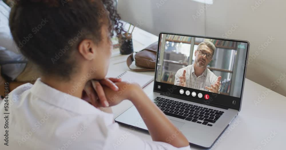 Animation of biracial woman having video call on laptop Animation of biracial woman having video call on laptop