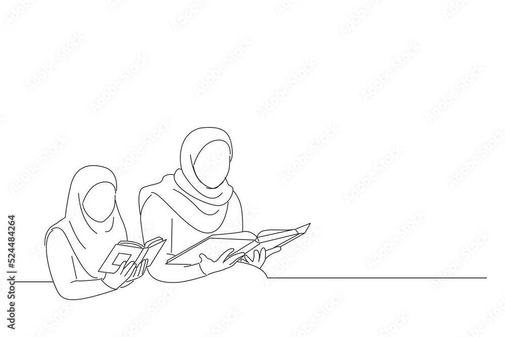 Cartoon of muslim mother and daughter with a headscarf read the Quran together. Line art style