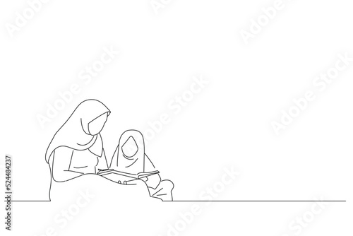 Drawing of muslim mother teach her daughter reading koran inside the mosque. One line art