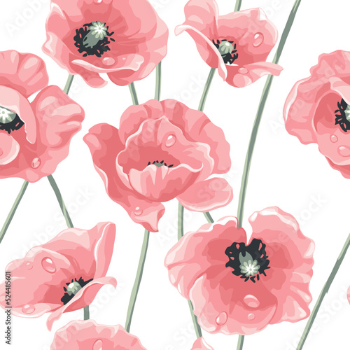 Dew drops on the petals of poppies . Seamless pattern. Beautiful decorative stylized summer flowers.