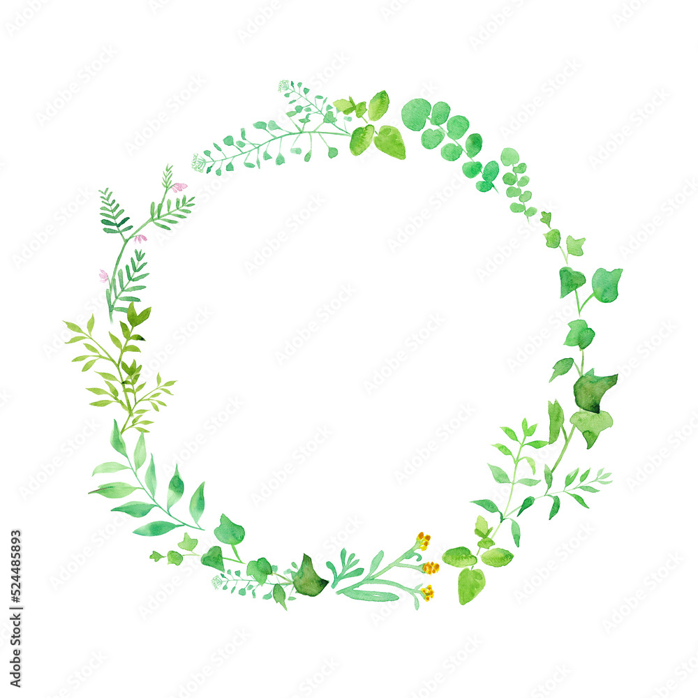 グリーンの草花の丸型フレーム。　水彩イラスト（透過背景）
