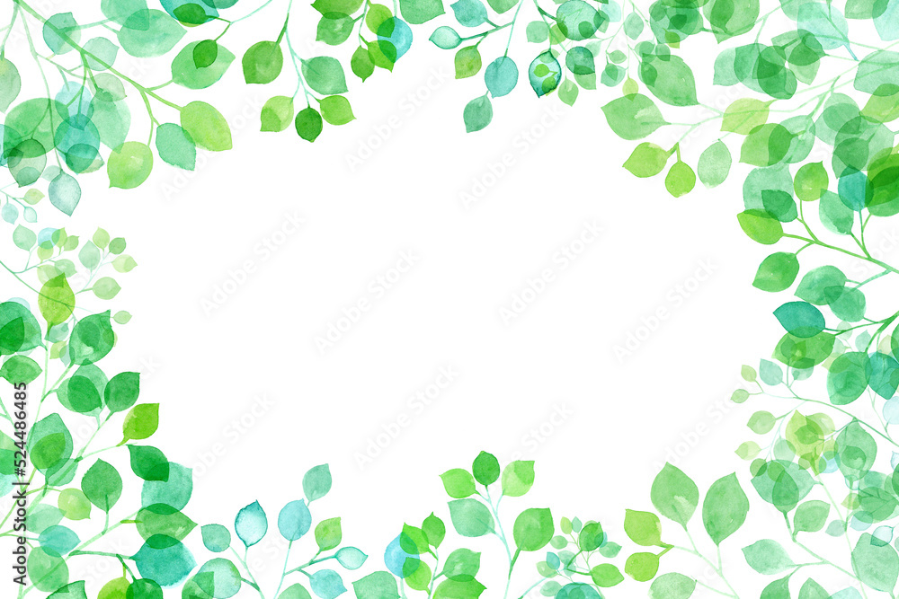 新緑の木漏れ日のフレーム。水彩イラスト（透過背景）