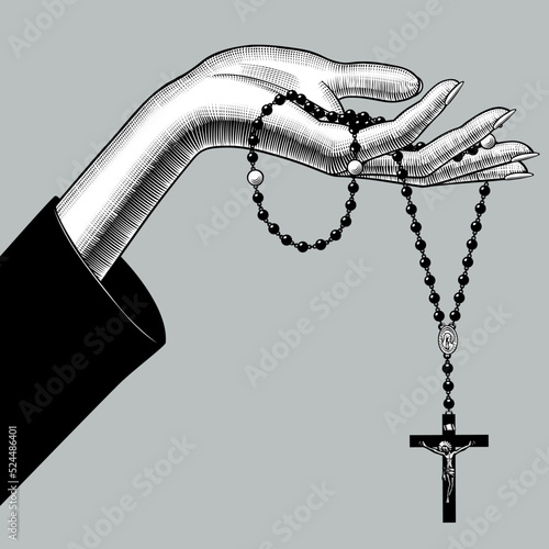 Engraved vintage drawing of female hand with prayer beads.