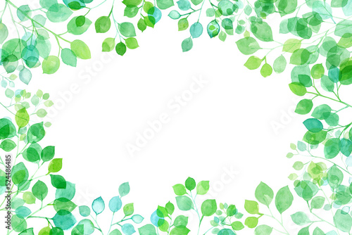 新緑の木漏れ日のフレーム。水彩イラスト（透過背景）