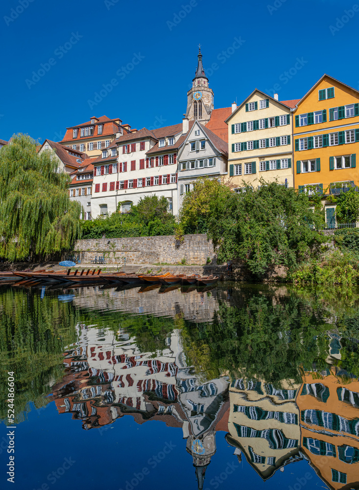 The historic houses of the old town of Tübingen on the banks of the Neckar. Baden Wuerttemberg, Germany, Europe
