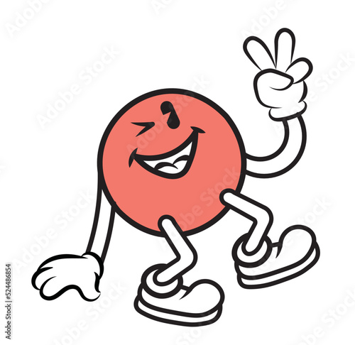 vintage cartoon mascot, smiling and winking flat character with round body round, peace gesture